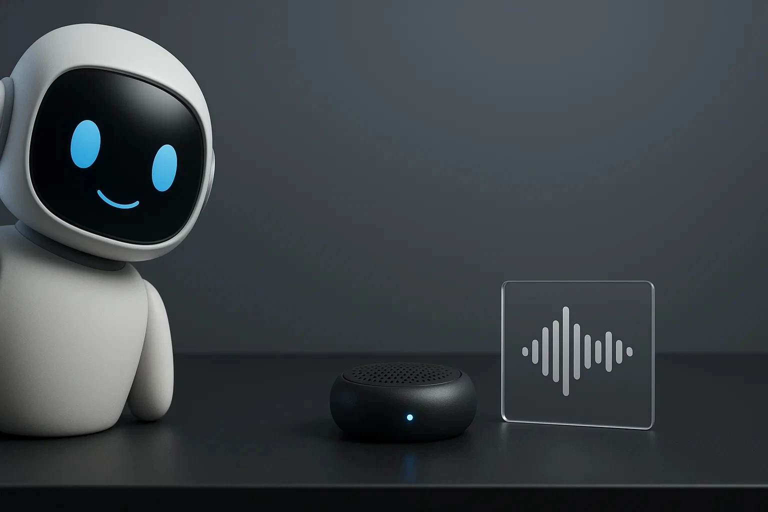 Minimal desk scene with friendly robot, mic puck, and waveform card.