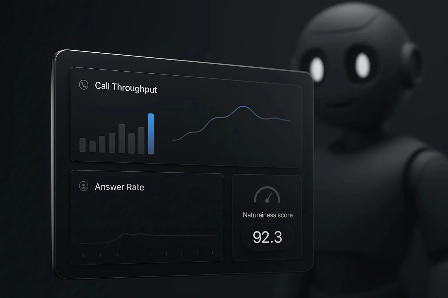 Dark analytics dashboard for voice bot with throughput and answer rate.