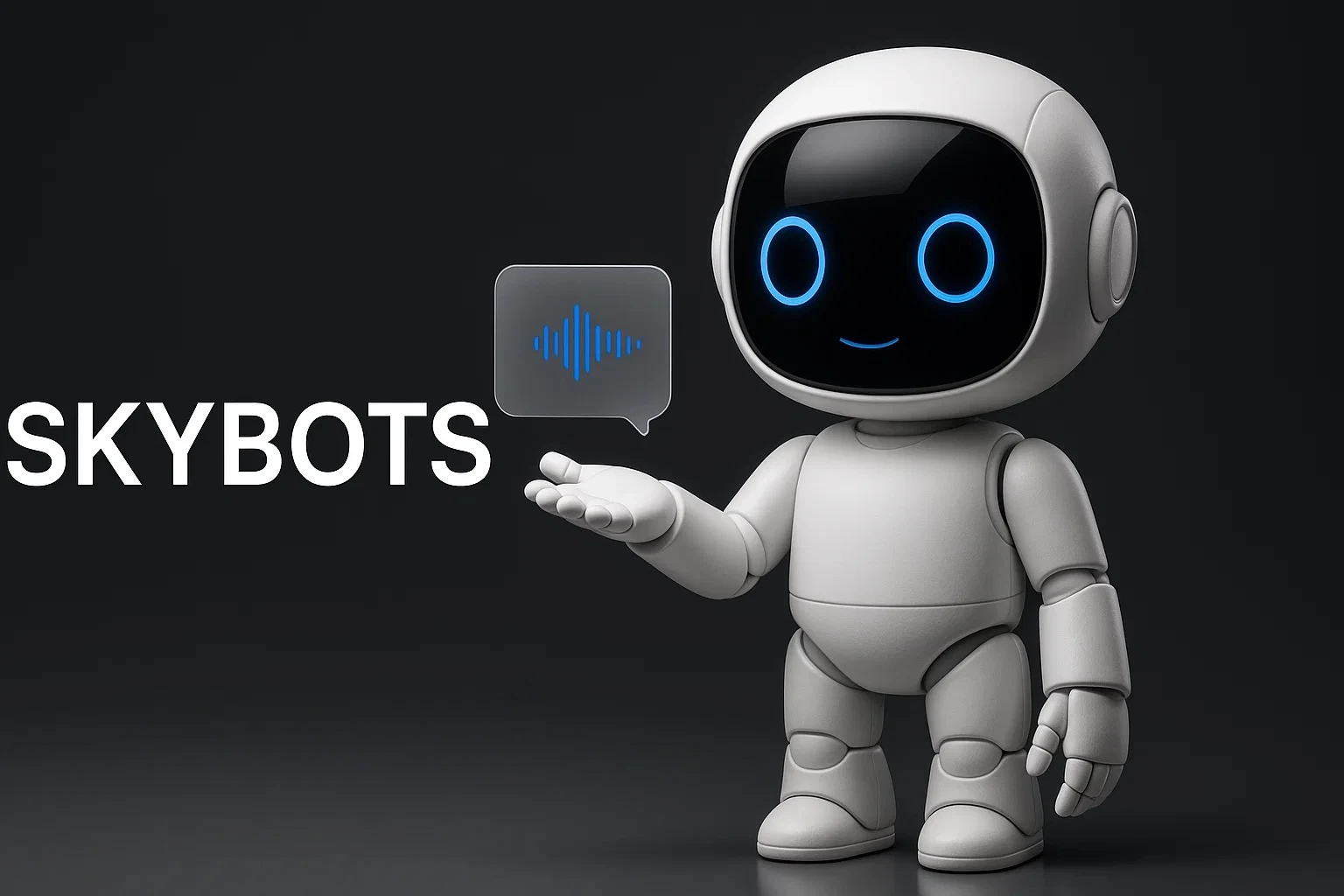 Youthful friendly service robot presenting an audio waveform.