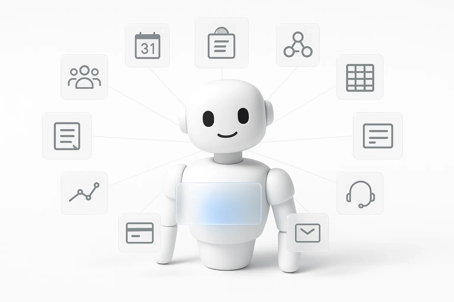 Friendly robot surrounded by neutral system glyphs for integrations.