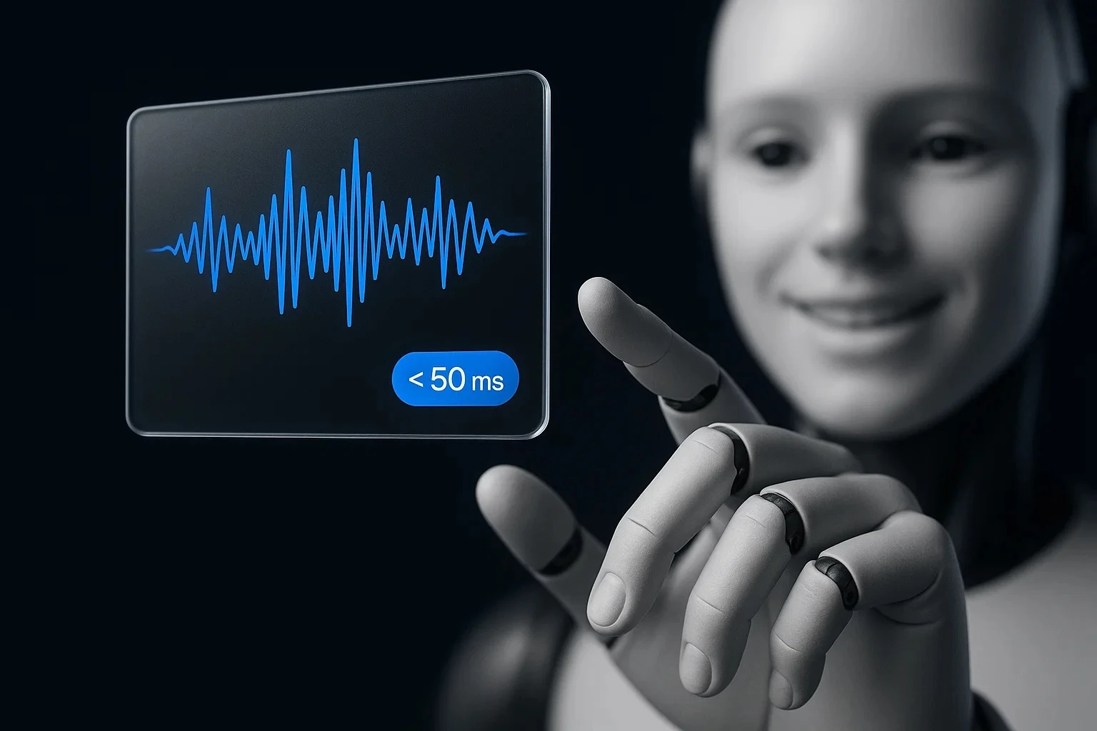 Robot hand indicating a glass tile with ultra-low latency waveform.